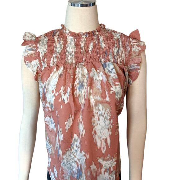 Pink Watercolor Smocked Top Ruffle Sleeves Medium NEW - Picture 9 of 14